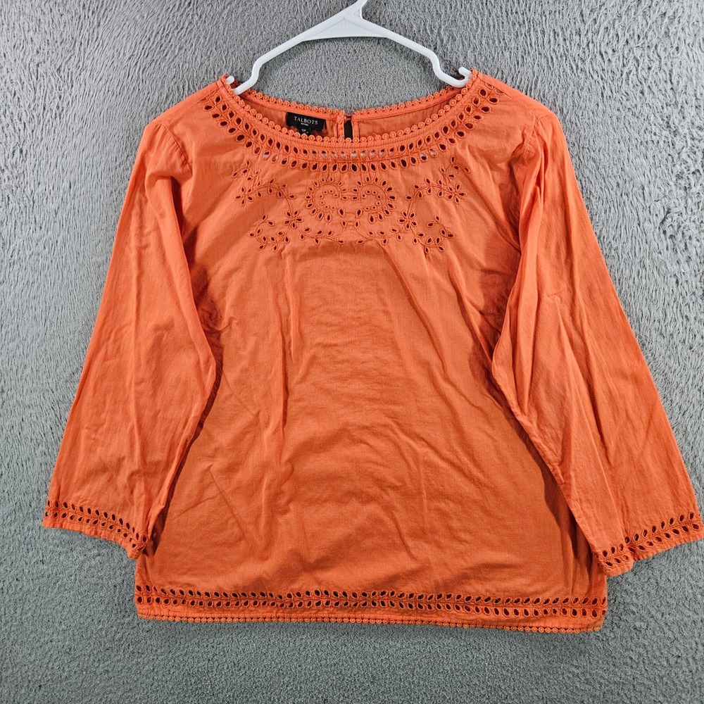 Talbots Petites Orange Eyelet Embroidered Cotton Blouse 3/4 Sleeve SP